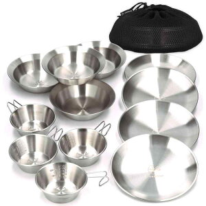 FOXDOOR アウトドア 食器セット 3枚組セット 4枚組セット シェラカップ コンパクト 収納 ステンレス キャンプ バーベキュー ファミリー