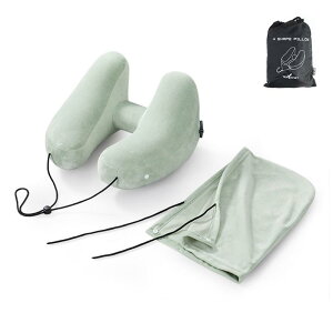 PRETOLE ネックピロー コットン 首枕 携帯枕 エアーピロー ポンプ式膨らませる 収納ポーチ付き 洗えるカバー トラベル 旅行用 飛行機 自宅 高速バス 新幹線 オフィス デスク お昼寝/仮眠用