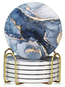 HUACHENG コースター おしゃれ 6個セット セラミック製 大理石模様 耐熱 保護コルク裏面 マグ お茶パッド カップマット 吸水 速乾 断熱 滑り止め 家庭用 オフィス用 ボヘミアン風 丸型 ホルダ