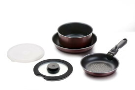 COOKSMARK フライパン 鍋 6点セット ダイヤモンドコートパン IH対応 フッ素加工 着脱式取っ手 ガラス鍋蓋付 シールふた付 ワインレッド セット6