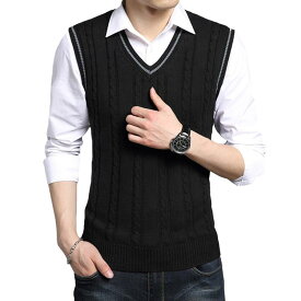 [Kayiyasu] ニットベスト メンズ ベスト Vネック セーター 薄手 ケーブル 編み スクール 紳士 無地 ジレ 大きいサイズ アウトドア シンプル ビジネス カジュアル 通勤 通学 学生 春