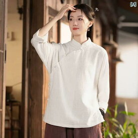 　レディース　シャツ　トップス レトロ 斜めの 襟 スタンドカラーコットンと リネンの ボタン 付き シャツ レディース 春 高級 リネン サンド ウォッシュ 禅 ティー ドレス 長袖 トップス