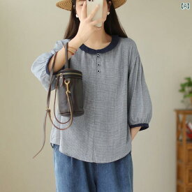 　レディース　シャツ　トップス 残存 品の 撤収 ビッグ カット ラベル 和風 綿 二 重 ガーゼ チェック 柄 七分袖 シャツ レディース 夏 蓮の葉 襟小 トップス