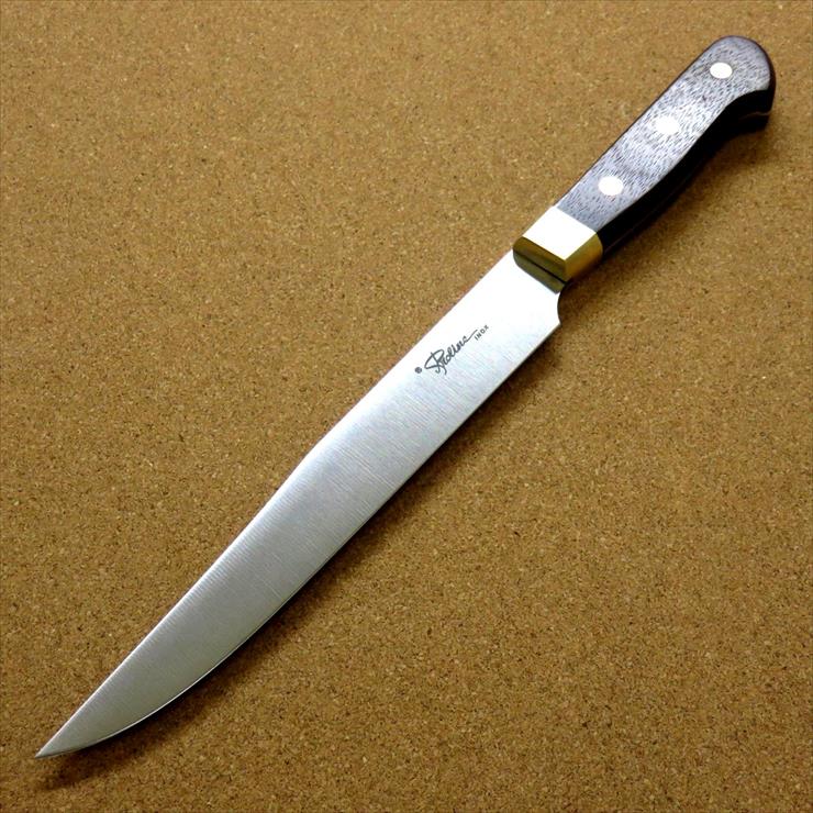関の刃物 カービングナイフ 20cm (200mm) 8Aステンレス鋼 真鍮口金付き ローズウッドハンドル ローストビーフなどの肉の塊を切り分けるのに使われる両刃のナイフ  国産日本製 在庫処分品 訳あり