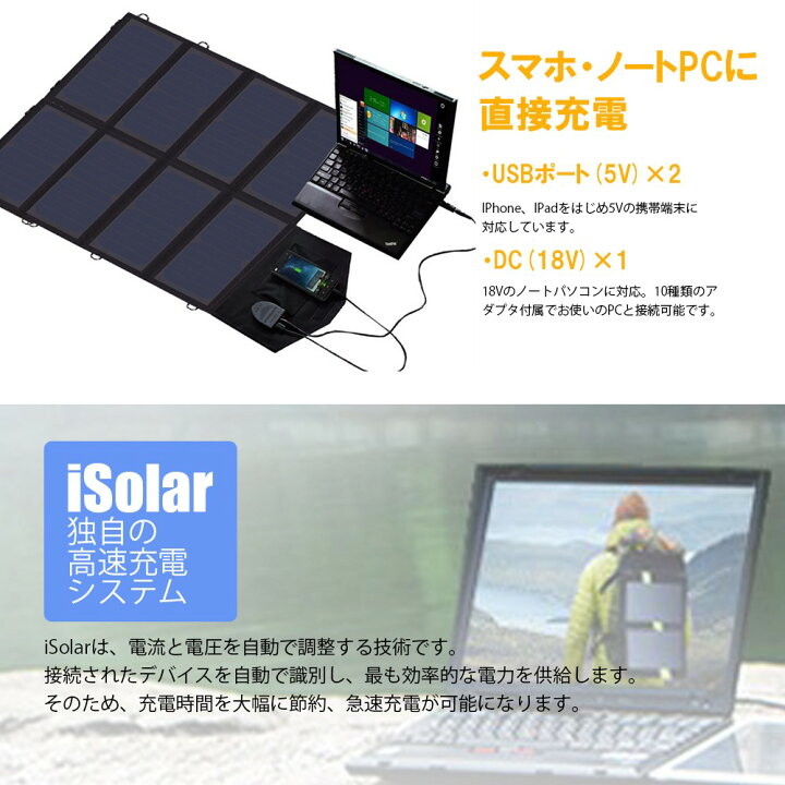 楽天市場 折りたたみソーラーパネル ソーラーチャージャー モバイルバッテリー 40w 12v 18v Isolar技術で急速充電 スマホ モバイル Iphone ノートパソコン バッテリー 充電 ノートパソコン用変換プラグ付 世界トップシェアsunpower製太陽光パネル採用 ｓｅｋｉｙａ