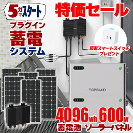 【フルセット特別価格】 5分で作れる 家庭用蓄電池 フルセット（蓄電池 4096wh + ソーラーパネル 100w×6枚） 工事のいらない プラグインスマート蓄電システム ハイブリッド蓄電 インバーター ソーラーパネル セット HEMS スマホ操作 安全 法令順守 逆潮流防止 TUV認証