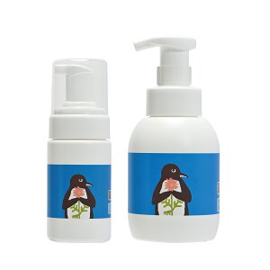 【おトクな2種セット】石けんワークス詰め替え用 泡ボトル 100mL ミニタイプ (C) / 持ち運び用 キャップ付き + 350ml サイズ (容器デザイン- 「 ペンギンさんとピンクデイジー」/ 公園遊び 、