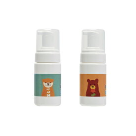 【おトクな2種セット】 石けんワークス 泡のハンドソープ 無添加 80mL ミニタイプ (C)×2 / 持ち運び用 キャップ付き（容器デザイン-「カワウソさんと白いルピナス/くまさんと赤いゼラニウム」/ 公園遊び 、 アウトドア 、 通勤 ・ 通学 、 旅行 ）