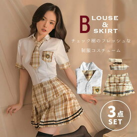 【楽天ランキング入賞】 女子高生 制服 コスプレ セクシー ＜チェック柄 ネクタイ スカート ブラウス＞ コスチューム かわいい キュート 清楚 ハロウィン 仮装 パーティー レディース