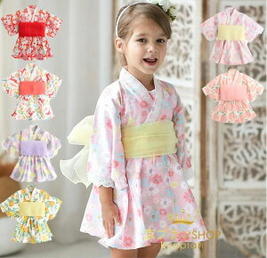 【P5倍!2880円→実質2736円 10/27迄】2点セット 浴衣ドレス+帯 浴衣セット 子供浴衣 子ども こども ゆかたドレス 90cm 100cm 110cm 120cm 130cm 6カラー ふわふわ ゆかた こども用