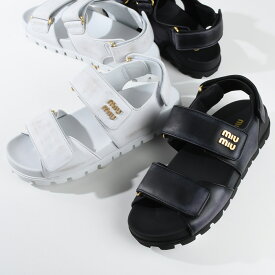 MIU MIU ミュウミュウ サンダル レザーサンダル ダブルストラップ 5X134E 3F33 レディース ヴィンテージ USED加工 ブラック ホワイト ロゴ オープントゥ 夏