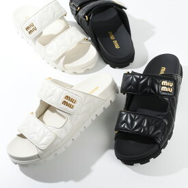 MIU MIU ミュウミュウ サンダル シューズ スライドサンダル 5XX640 88T レディース ブラック ホワイト レザー マトラッセ パデッド加工 スポーティ ロゴ 春夏
