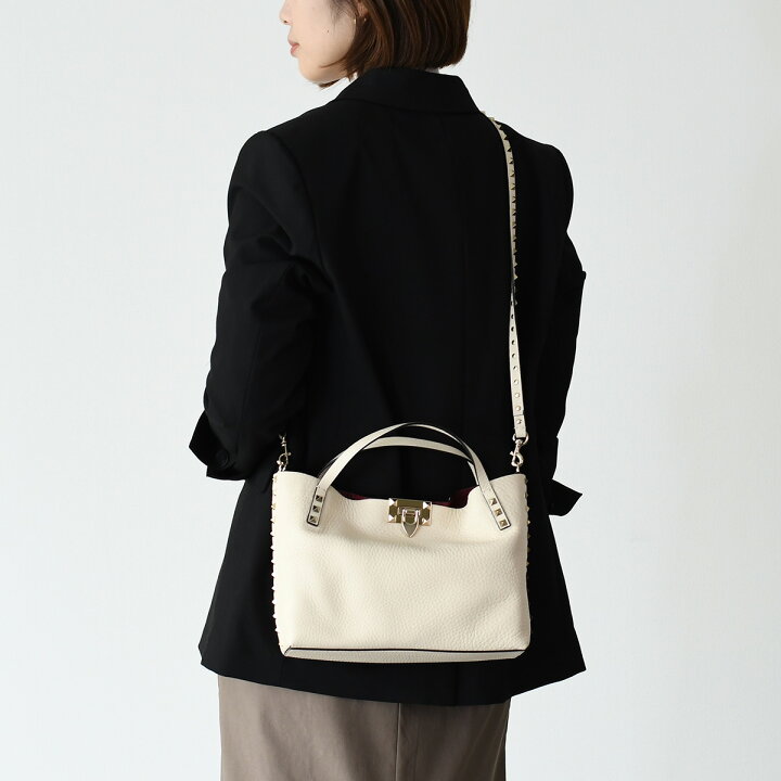 VALENTINO◇サック ロックスタッズ ノワール/ハンドバッグ/レザー/BLK 