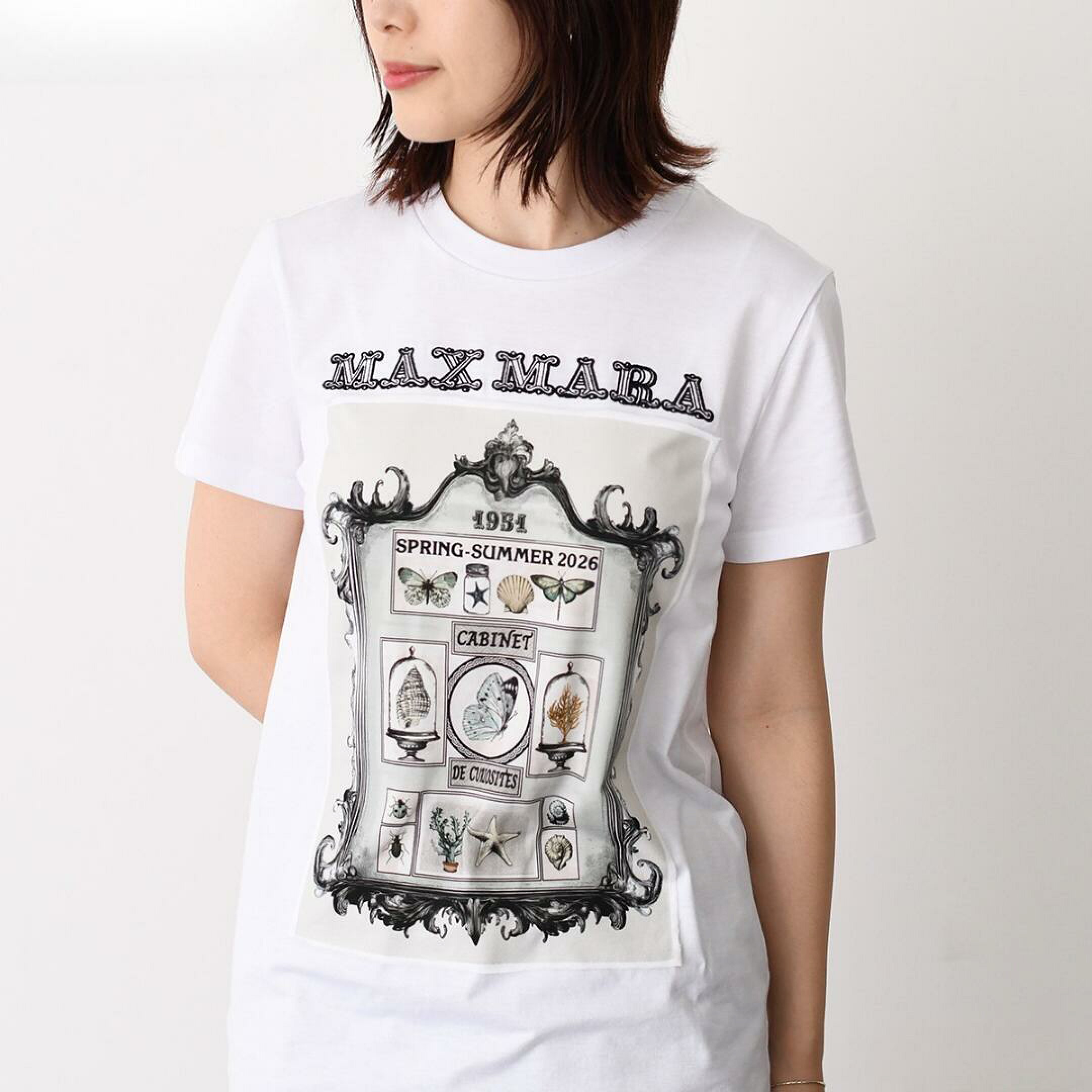 Max Mara マックスマーラ Tシャツ SPADINO スパディーノ MXMSPADINO 2611941062600 レディース ピュアコットン ジャージー 半袖 クルーネック プリント ロゴ ホワイト ブラック ストレートフィット 26SS入荷