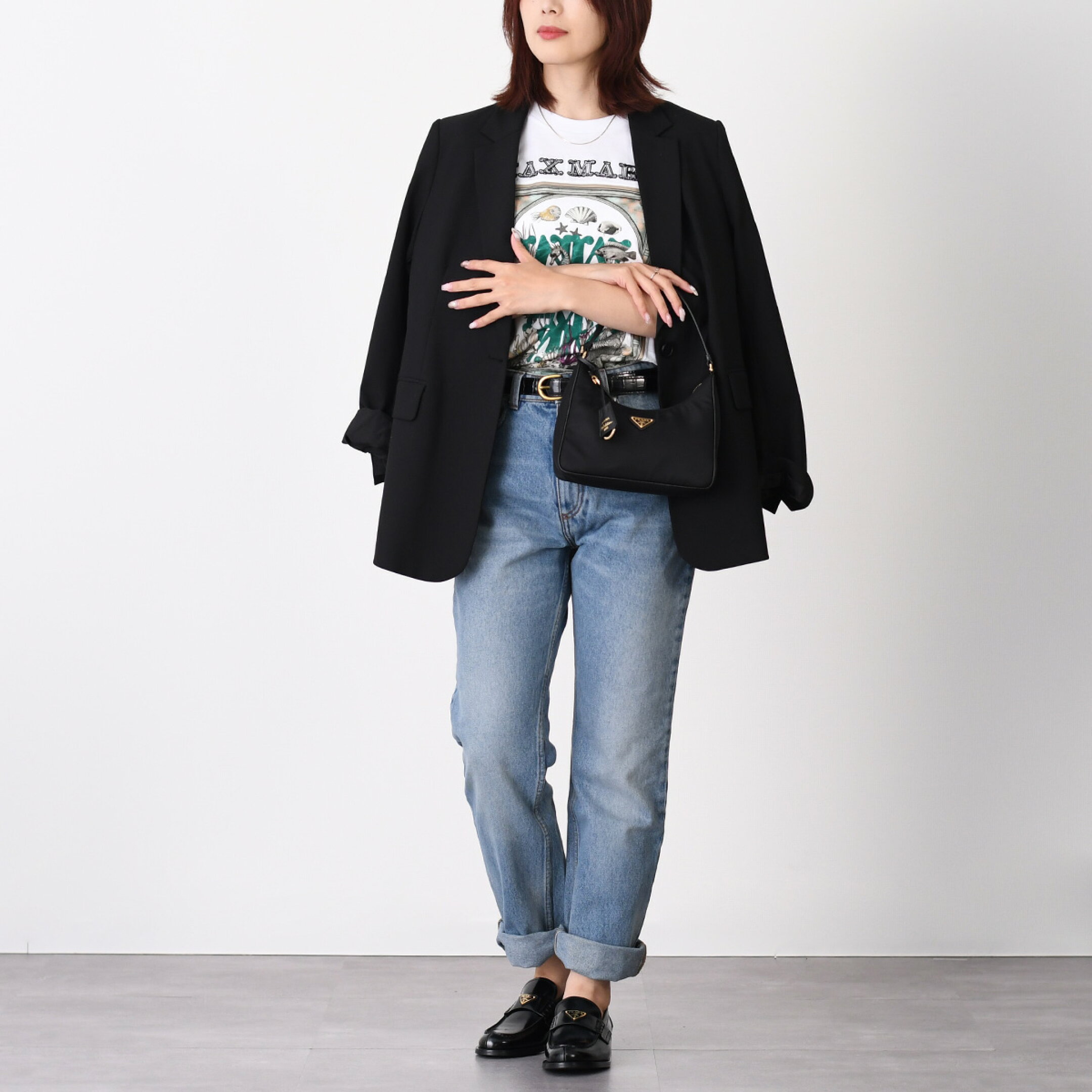 Max Mara マックスマーラ Tシャツ SPADINO スパディーノ MXMSPADINO 2611941062600 レディース ピュアコットン ジャージー 半袖 クルーネック プリント ロゴ ホワイト ブラック ストレートフィット 26SS入荷
