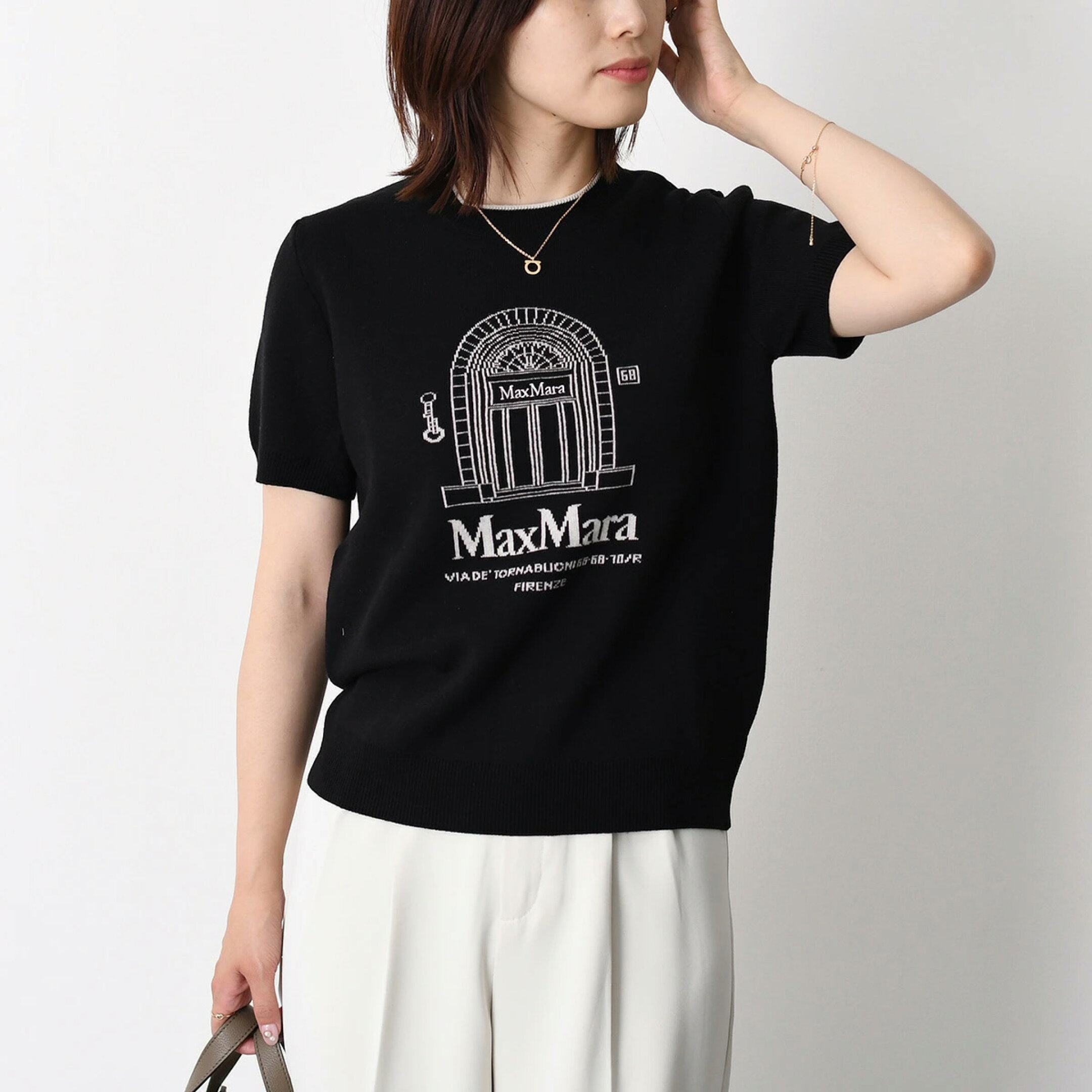 S Max Mara エス マックスマーラ 半袖 ニット トップス EUFORIA ユーフォリア SMMEUFORIA 2619361191 レディース ホワイト ブラック クルーネック ウール ストレートフィット 刺しゅう 26SS入荷 ブランド