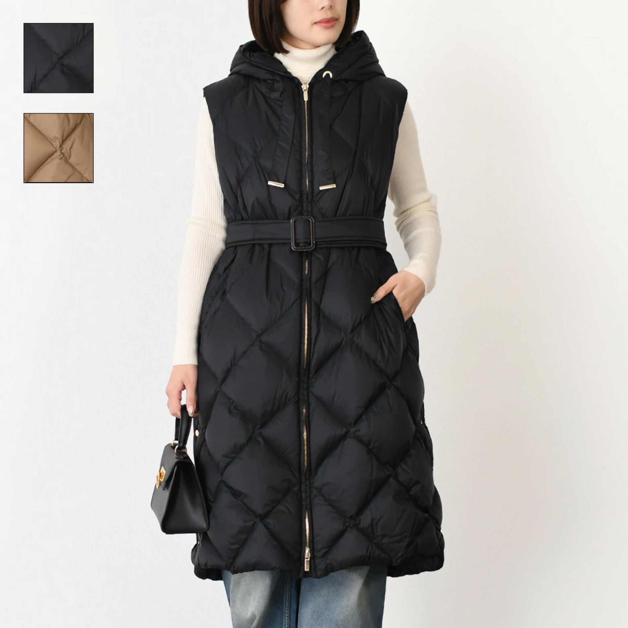Max Mara The Cube マックスマーラ ザ キューブ ダウンベスト TREGILトレジル テクニカル キャンバス ミディレングス ダウン ジレ 9296075600 レディース キャメル ブラック グースダウン フード ベルト ジッパー