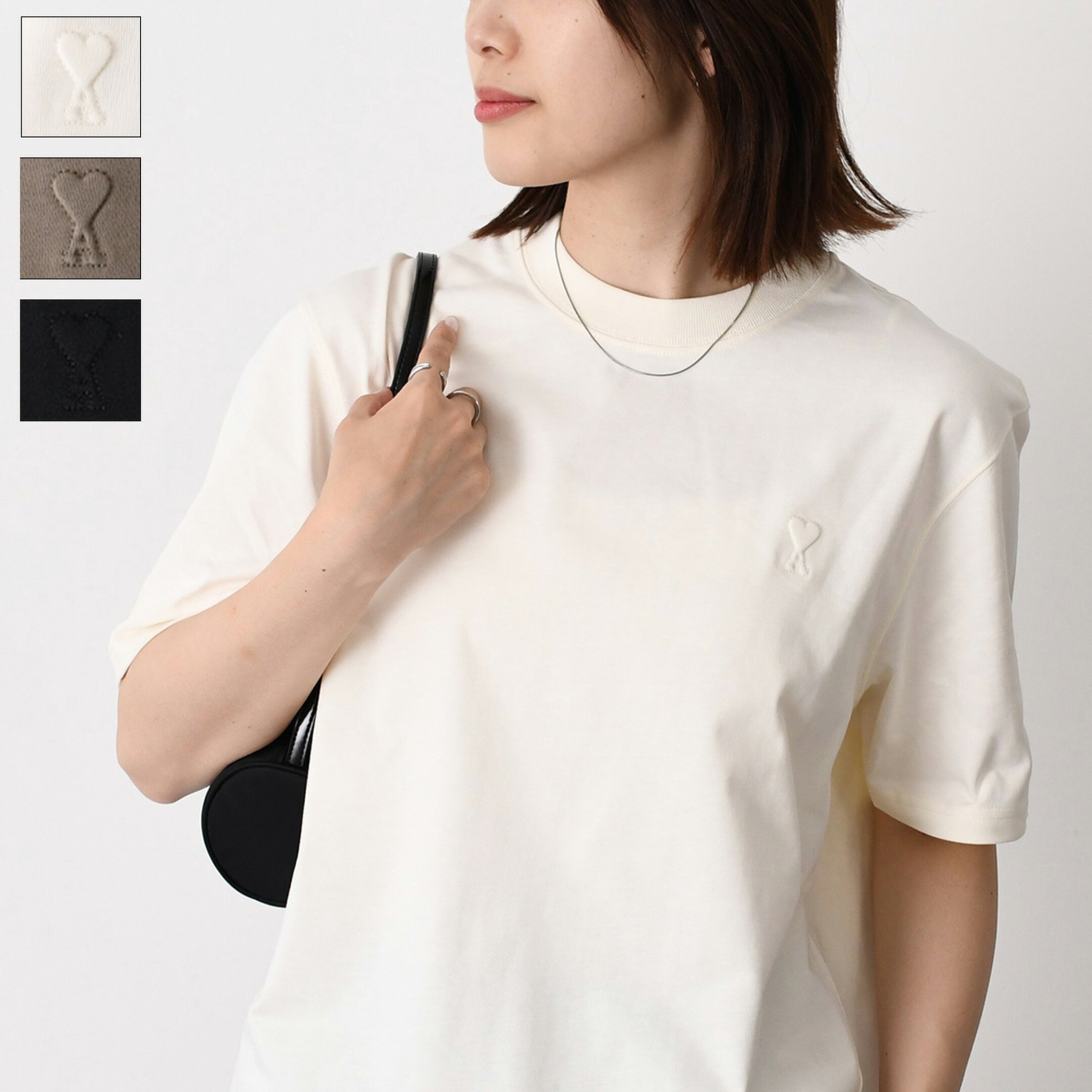 AMI PARIS アミパリス Tシャツ Ami ヘビーコットンジャージー エンボス ボクシーフィット UTS341 726 AMI ALEXANDRE レディース ロゴ ブラック ベージュ 半袖 0317snscp mt01 mt03