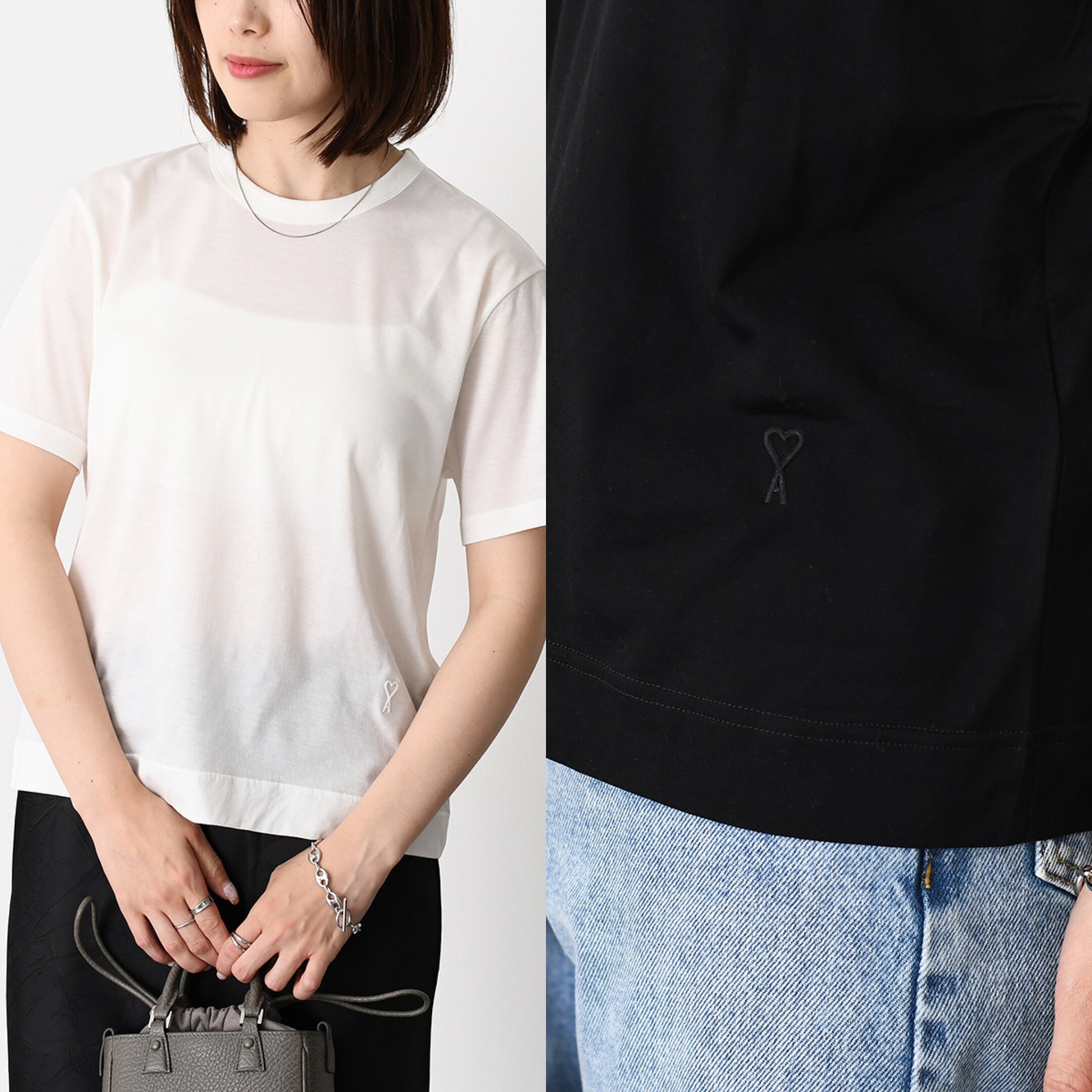 AMI ALEXANDRE MATTIUSSI AMI PARIS アミパリス Tシャツ トップス Ami De Coeur シルケット加工ジャージー ショートスリーブ FTS373 JE0211 レディース ホワイト ブラック コットン クルーネック 