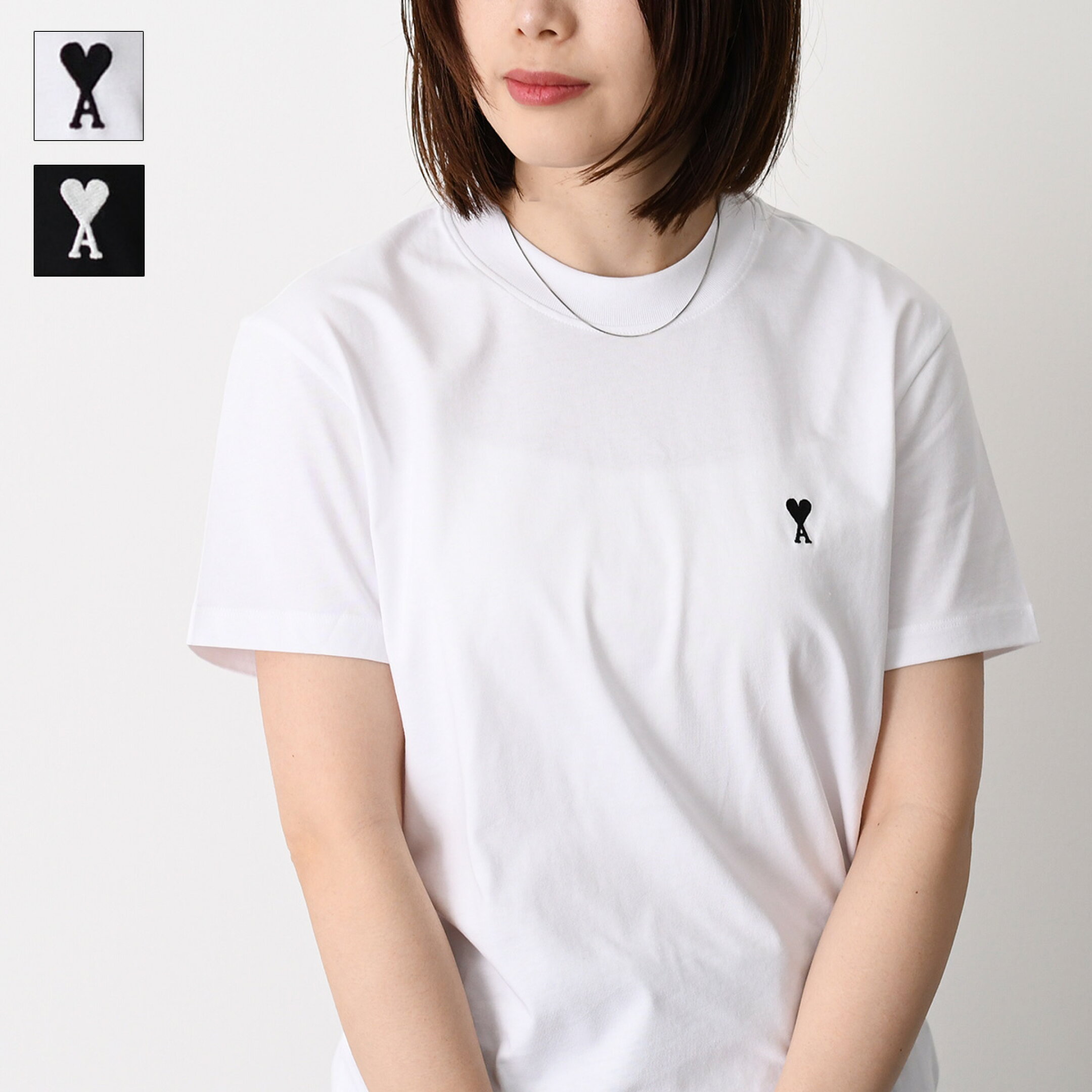 AMI ALEXANDRE MATTIUSSI AMI DE COEUR AMI PARIS アミパリス Tシャツ トップス ライトコットンジャージー HTS346 724 レディース ユニセックス ブラック ホワイト 半袖 刺しゅう ロゴ