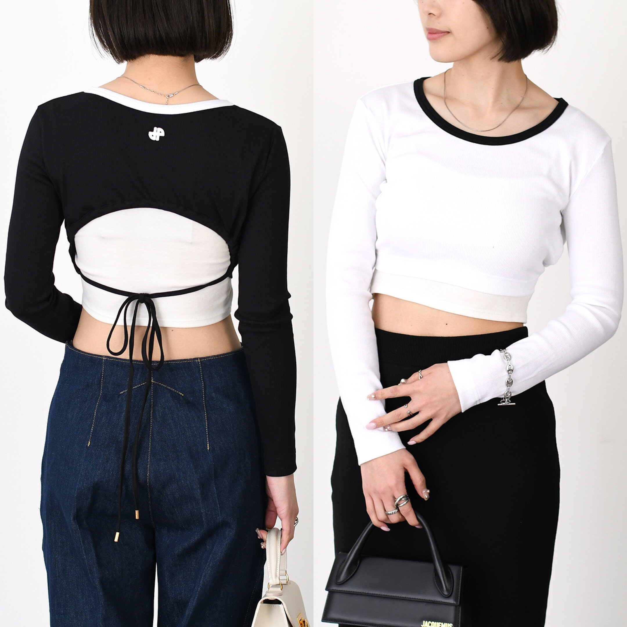 PATOU パトゥ Tシャツ カットソー オープンバック クロップド レディース ブラック ホワイト 長袖 ショート丈 ロンT コットン リブ カジュアル JPロゴ ミニロゴ モード