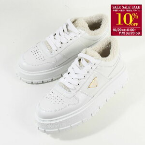 【10%OFF対象|決算SALE】PRADA プラダ 靴 シューズ スニーカー レザーxシアリング 1E947M 3LEN レディース BIANCO ホワイト レザー トライアングルロゴ コットンレースアップ スポーティ 冬