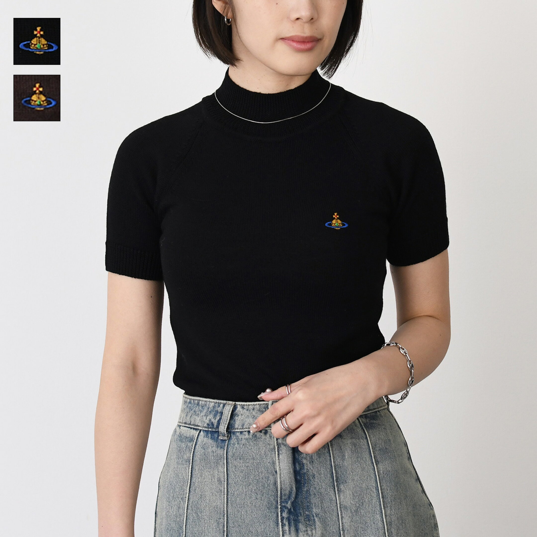Vivienne Westwood ヴィヴィアン ウエストウッド ニット トップス BEA タートルネック 半袖 レディース ブラック ブラウン ウール セーター 夏 18030034 Y002M