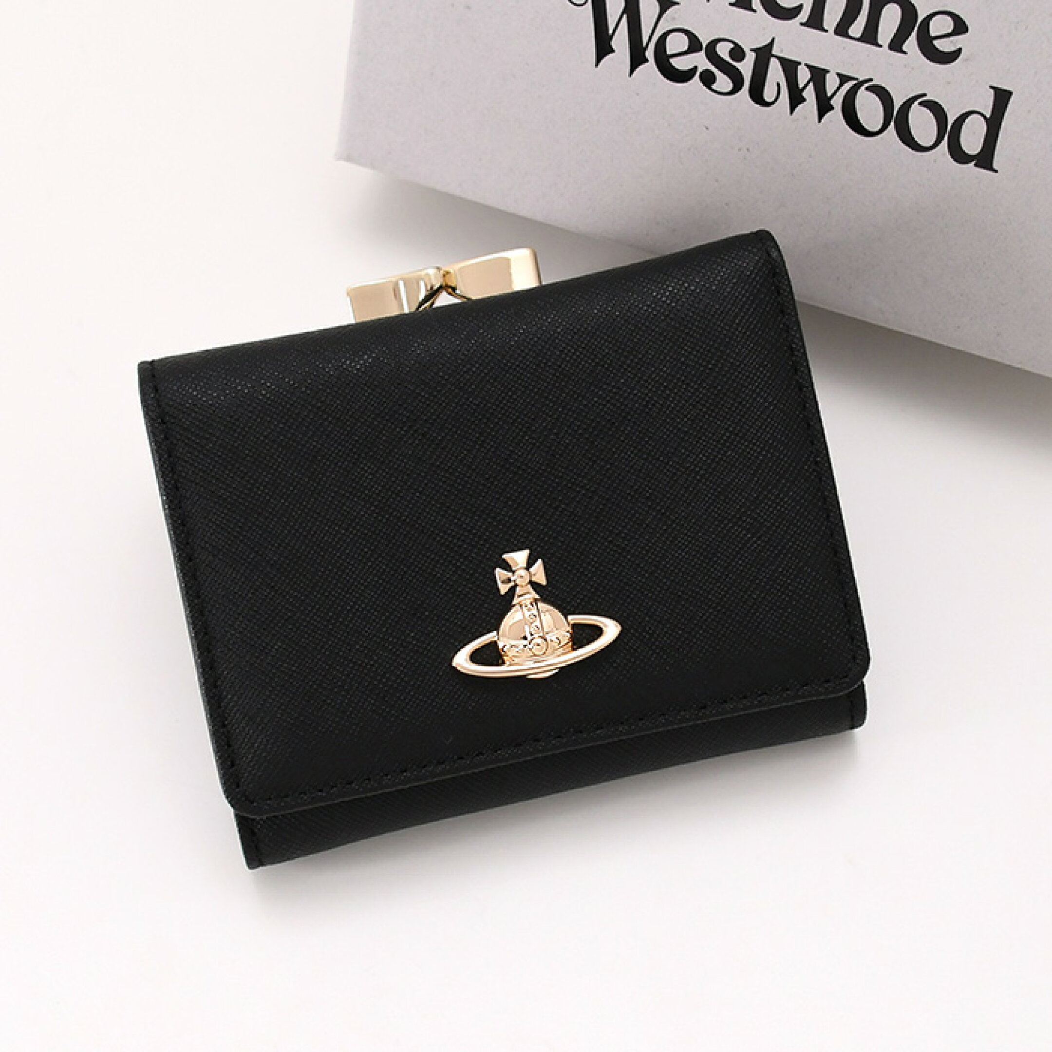 Vivienne Westwood ヴィヴィアン ウエストウッド 三つ折り財布 がま口 ウォレット SAFFIANO LEATHER 口金 5115002MW L001N レディース ブラック レザー ミニ サフィアーノ型押し オーブモチーフ