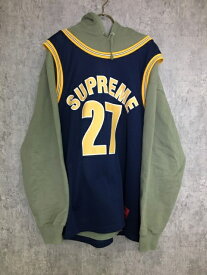 【中古】21SS SUPREME シュプリーム basketball jersey hooded sweatshirt スウェット パーカー フーディー グリーン ネイビー XL 33886620