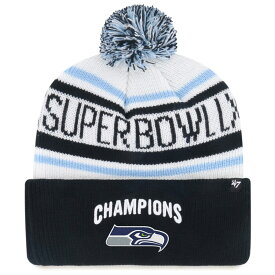 NFL シーホークス ニットキャップ 第60回スーパーボウル優勝記念 Patch Cuffed Knit Hat with Pom 47Brand ホワイト ブラック