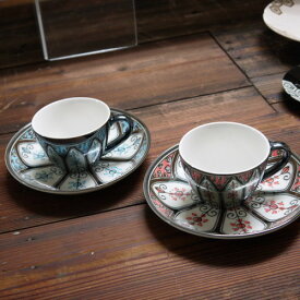 マラケシュペアコーヒーカップソーサー　美濃焼　日本製 ≪セット:2個入（赤の皿x1・青の皿 （60434） ≫【送料無料】（食器、ティーカップ、コーヒーカップ、コップ）