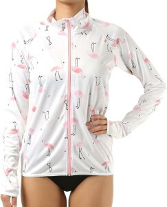 ラッシュガード レディース 長袖 uvカット 日焼け対策 フラミンゴ柄 フルジップ CALIFORNIA SHORE フードなし 紫外線対策 マリン フィットネス水着 海水浴 水泳 スイミング プール