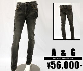 【A&G/エーアンドジー】レザークロスパッチデニム（グレー・GRY）/メンズ【インポート】【セレカジ】【正規品】