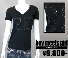 【BOY MEETS GIRL/ボーイミーツガール】VネックTシャツ（ブラック・BLK）/レディース【インポート】【セレカジ】【正規品】