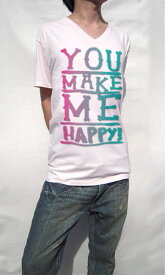 Tシャツ M ライトピンク メンズ 半袖 カラーリング 手書きテイスト ピース メッセージVネックTシャツ デザイン