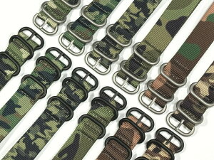 高品質 迷彩 NATOベルト 20mm 22mm ミリタリー仕様&重厚仕上げ ナイロンストラップ 腕時計ベルト メンズ カモフラージュデザイン リングカラー選択可 ブラック/シルバー【送料無料】