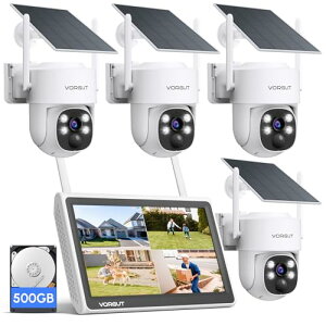 VORGUT �h�ƃJ���� ���O �\�[���[ ���j�^�[�t�� 4��Z�b�g �Ď��J���� �\�[���[ �d���s�v 2.4G&5Ghz WiFi�Ή� 5�N�ۏ� �����h�ƃJ���� PIR�l�̌��m �����Њd IP66�h���h�o �x��ʒm ���O�h�Ƒ΍� (400