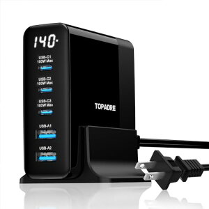 TOPADRE 140W �}���[�d�� PD �^�C�v c �[�d��y100W Max*USB-C*3�{USB-A*2+�f�B�X�v���C����+PSE�F�؁z5�|�[�g Type-c�[ �d�� MacBook M4 M3 /ipad Pro/iPhone 17/16/15/14/13 Pro Max/Samsung Galaxy Note�e��f�o�C�X�Ή� GaNIII(