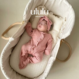 【送料無料】new born frill coverall ロンパース フリル カバーオール ヘアバンド ピンク アイボリー リボン 退院着 出産祝い ギフト プレゼント 新生児 お祝い 子供服 ベビー服 女の子 男の子 ululu
