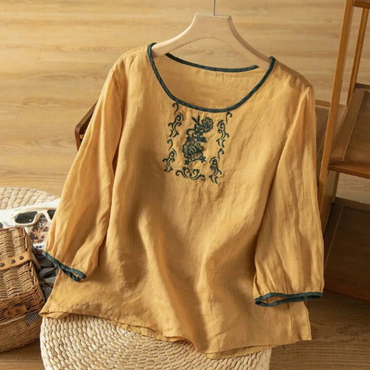楽天市場】綿麻 ブラウス レディース 刺繍 七分袖 Tシャツ プル 