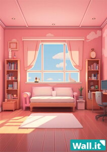 【Wall.it A4 フィギュアディスプレイケース専用背面デザインシート 縦向】 可愛い 子供部屋 キッズルーム 女の子 風景 勉強机 ソファー 昼間 ピンク 推し活 収納