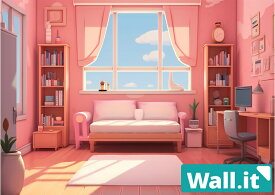 【Wall.it A4 フィギュアディスプレイケース専用背面デザインシート 横向】 可愛い 子供部屋 キッズルーム 女の子 風景 勉強机 ソファー 昼間 ピンク