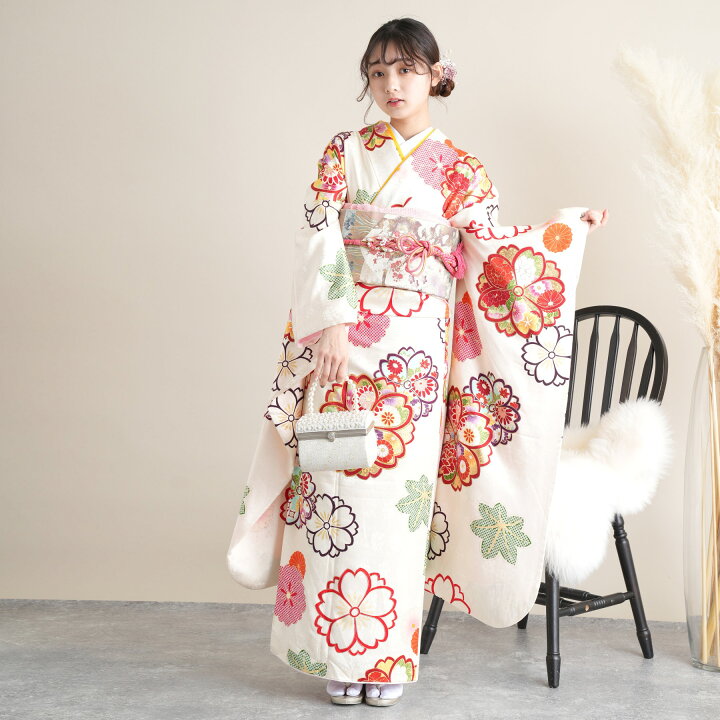 お仕立て上がり着物 疋田花と芍薬 裄185 潤滑 袖丈300