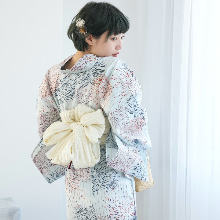 楽天市場】【utatane 高級変わり織 浴衣3点セット 白藍に縞と花火