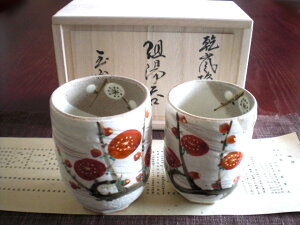 湯呑み ★玉山窯・玉置保夫監修乾山風紅白梅組湯呑み(桐箱入)ギフト 和食器