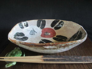 楕円鉢 ■ 陶芸作家・佐藤和次作 織部 椿絵 長丸鉢 【和食器】【ギフト】