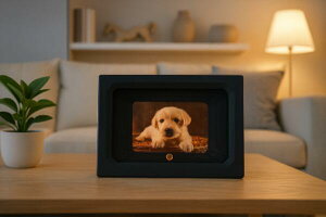 LEDフォトフレーム 写真立 グレー 合皮 巾24cm 高さ17cm 奥行 7.4cm 温湿度センサー ペット仏具 ペット供養 かわいい モダン シンプル 犬 ネコ うさぎ