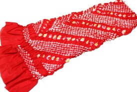 正絹絞りの帯揚げ-赤色【七五三・お子様用/絞り柄部分お任せ/サイズ：約100×15センチ/総絞り】