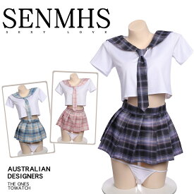 【メール便は送料無料】SENMHSコスプレ セクシー セーラー服 半袖 制服 女子制服 高校生 学生 女子高生 可愛い コスプレ コスチューム ミニスカート フリーサイズ 4点セート 半袖トップス・ミニスカート・Tバック ・蝶ネクタイ