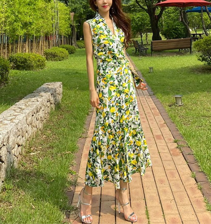 楽天市場】Vネック ワンピース サマードレス ハイウエスト ロング丈  